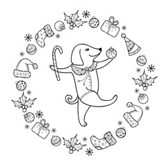 Vector greeting with outline happy dog with Christmas cane in black isolated. Symbol of Chinese New Year 2018 in contour style. Ornate dogs and decoration for winter holiday design and coloring book.