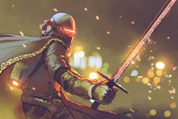 Poster de jardin Grand échec personnage de science-fiction d& 39 astro-chevalier en armure futuriste tenant une épée magique, style art numérique, peinture d& 39 illustration