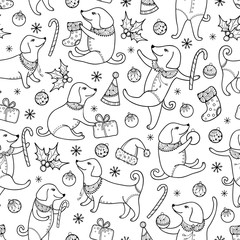 Vector seamless pattern with outline dog in black on the white background. Symbol of Chinese New Year 2018 in contour style. Ornate dogs and decoration for winter holiday design and coloring book.