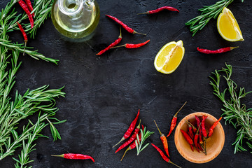 Ingredients for cooking fish. Black background top view copyspace