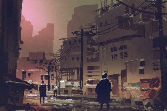 scenery of dirty street in abandoned city at sunset with digital art style, illustration painting
