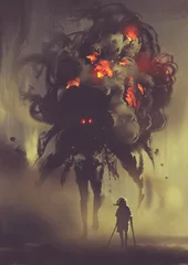 Tuinposter man holding twin swords standing with giant smoke monster, digital art style, illustration painting © grandfailure