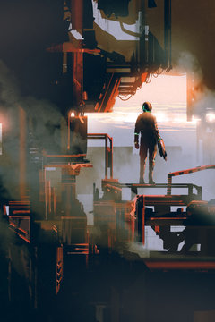 space man standing in industrial building, digital art style, illustration painting