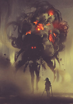 man holding twin swords standing with giant smoke monster, digital art style, illustration painting