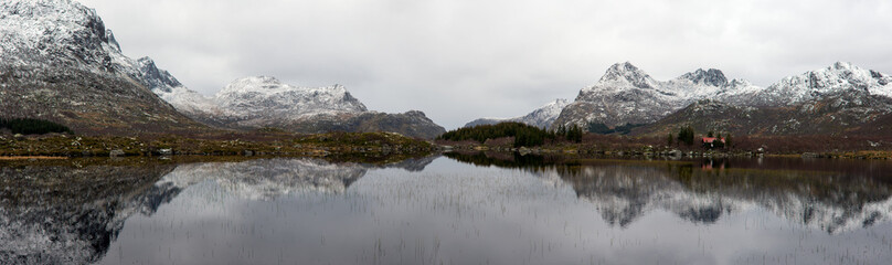 Reflection on a lake of snowy mountains in Norway