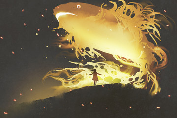 giant fish floating in the night sky above little girl, digital art style, illustration painting © grandfailure