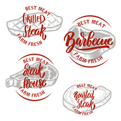 Set of steak house emblem templates. Barbecue, roasted steak.
