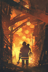 Fototapeta premium back view of firefighter holding child standing in house on fire, digital art style, illustration painting