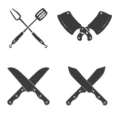 Set of restaurant knives icons. Crossed fork, kitchen spatula, butcher's ax.