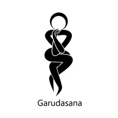 Eagle Pose, Garudasana. Yoga Position. Vector Silhouette Illustration. Vector graphic design or logo element for spa center, studio, poster. Yoga retreat. Black. Isolated.