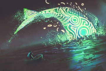 fantasy scenery of man on boat looking at the jumping glowing green whale in the sea, digital art style, illustration painting © grandfailure