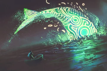 Deurstickers fantasielandschap van man op boot kijkend naar de springende gloeiende groene walvis in de zee, digitale kunststijl, illustratie, schilderkunst © grandfailure