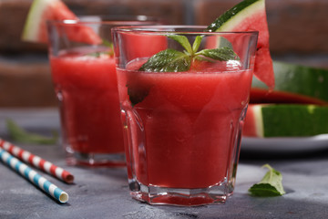 Freshly made juice from slices of watermelon with mint, closeup