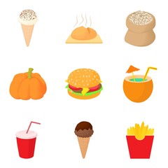 Food on vacation icons set, cartoon style