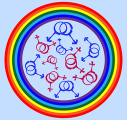 Symbols of same-sex couples, gay couples scattered around the rainbow. LGBT, same-sex love, freedom, pride