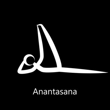 Side-Reclining Leg Lift, Anantasana. Yoga Position. Vector Silhouette Illustration. Vector graphic design or logo element for spa center, studio, class, center, poster. Yoga retreat. White.