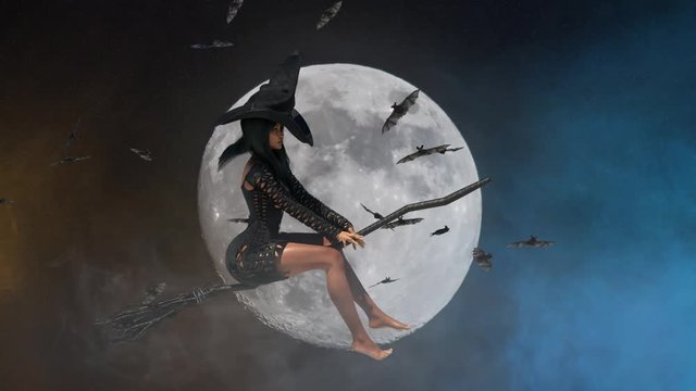 3D render of beautiful witch woman flying on a broom Halloween