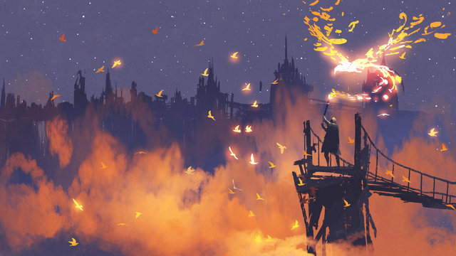 man in cloak holding magic torch against city with orange smoke, digital art style, illustration painting