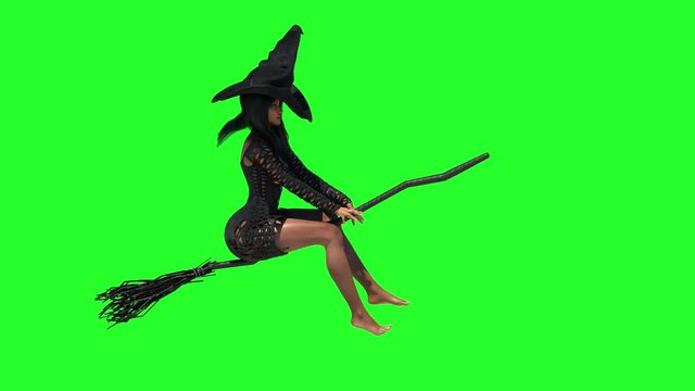 3D render of beautiful witch woman flying on a broom Halloween on a green background