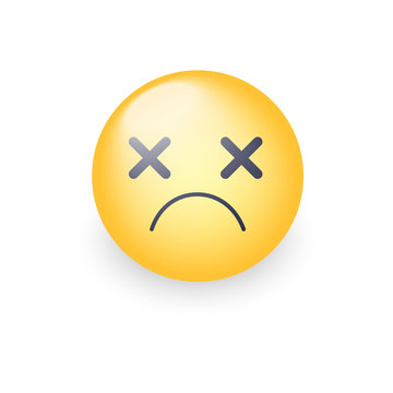 Dizzy emoji face. Cross eyes emoticon vector icon. Sad smiley.
