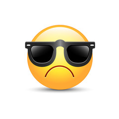 Angry emoji face with sunglasses. Cute sad emoticon wearing black sunglasses.