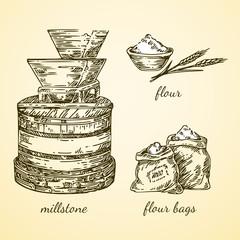 Vintage set. Millstone, flour end flour bags. Vector illustration. © KseniaKrop