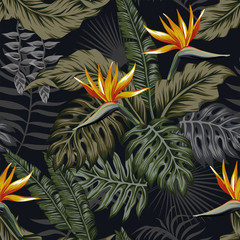 Night tropical seamless pattern plants and flowers