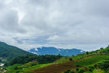 Fototapeta premium panorama dramatic view of valley with mist over the mountain and cloudy sky background in the morning, Mon Cham Valley, Chiangmai, Thailand.