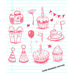 happy birthday set vector illustration, line art drawing