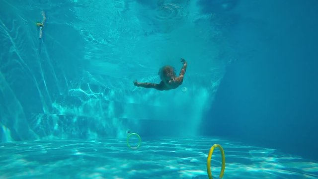 Children's games in the pool.
A little, cute boy sinking in the pool and hunting toys. Underwater shot. Slow motion.
