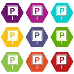 Parking sign icon set color hexahedron