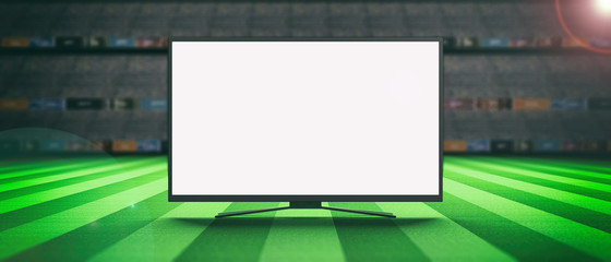 TV screen on a soccer field background. 3d illustration