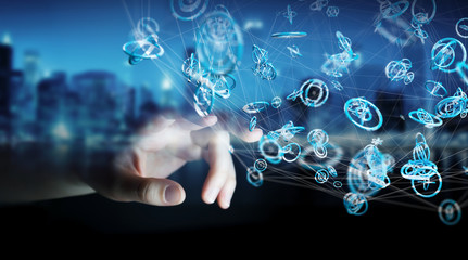 Businessman using flying network connection interface 3D rendering