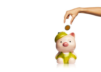 Hand putting a coin into piggy bank. Investment and saving concept