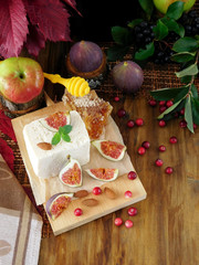 Cheese made of sheep milk and slices of figs on a wooden board surrounded by cranberries and almond. Ingredients for a cheese plate