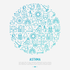 Fototapeta na wymiar World asthma day concept in circle with thin line icons: air pollution, smoking, respirator, therapist, inhaler, bronchi, allergy symptoms and allergens. Vector illustration for banner, web page.