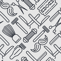 Monochrome barber shop seamless pattern with thin line icons of shaving accessories. Vector illustration for web page, banner, print media.