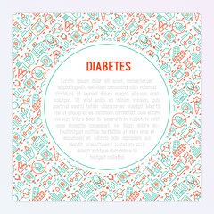Diabetes concept with thin line icons of symptoms and prevention care. Vector illustration for background of medical survey or report, for banner, web page, print media.