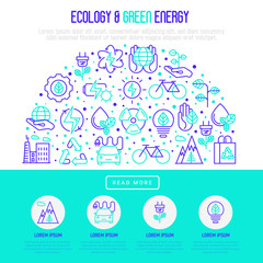 Obraz premium Ecology and green energy concept in half circle with thin bicolor line icons for environmental, recycling, renewable energy, nature. Vector illustration for banner, web page, print media.