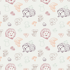 Colorful mushrooms and hedgehog hand drawn vector seamless pattern. Isolated Sketch organic food drawing background. Hedgehog, champignon, enokitake, porcini, oyster, honey agaric, fungi, russula.