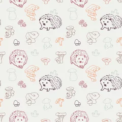 Fototapeten Colorful mushrooms and hedgehog hand drawn vector seamless pattern. Isolated Sketch organic food drawing background. Hedgehog, champignon, enokitake, porcini, oyster, honey agaric, fungi, russula. © Octostockus