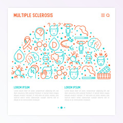 Fototapeta na wymiar Multiple sclerosis concept in half circle with thin line icons of symptoms and treatments: disorientation, heredity, neuron myelin sheaths, vitamin D. Vector illustration for banner, web page.