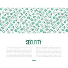 Security and protection concept with thin line icons: data, surveillance camera, finger print, electronic key, password, alarm, safe. Vector illustration for banner, web page, print media.