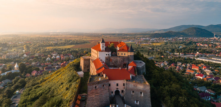 Aerial view of old Palanok Castle or Mukachevo Castle, Ukraine, built in 14th century.