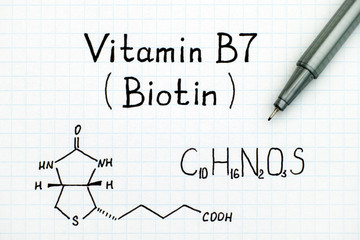 Chemical formula of Vitamin B7 (Biotin) with pen