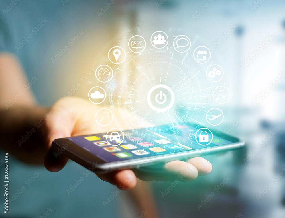 Wall mural home button of a technology interface surrounded by application - technology app concept