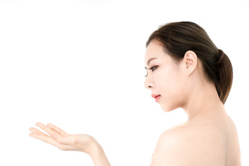 Asian beauty woman present skin product on white background