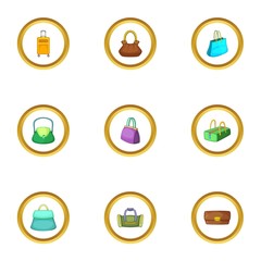 Bags for all occasion icons set, cartoon style