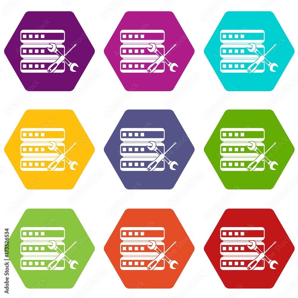Poster database with screwdriver and spanner icon set color hexahedron