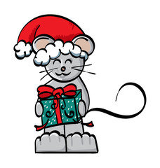 Cartoon Mouse holding a present and wearing a Santa Hat